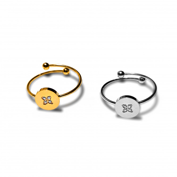 Bague Bouton et Zircon, 2 couleurs Or jaune ou Or blanc.